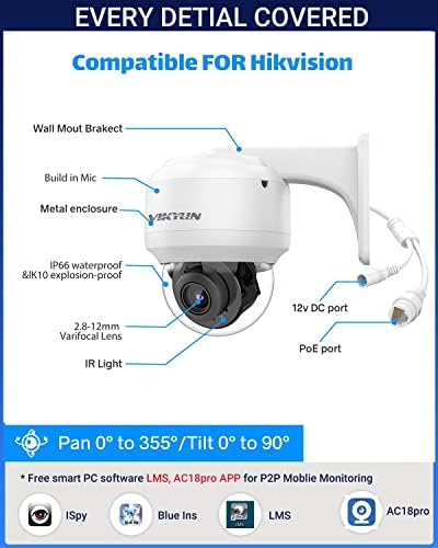 Викилин 8MP надворешна PTZ POE IP камера со аудио, компатибилна за Hikvision 4K Security Dome Pan Tilt 4x Оптички зум/2,8 ~ 12мм леќи,