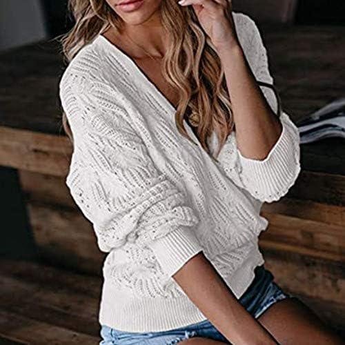 Pimelu v-врат џемпери за жени за жени, долги ракави плетени пулвер со долги ракави врвови плетени џемпер