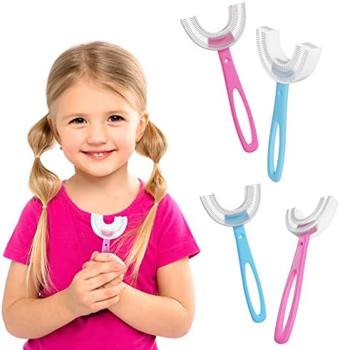 Чиста четка за заби во облик на заби стари од 2-8 години, пакет од 4 розови, сини деца четки за заби со облик со меки силиконски