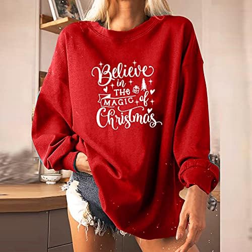 Дескулно Божиќни женски подароци, пуловер о-врат врвови од руно со долги ракави печатени блузи дами преголеми џемпери