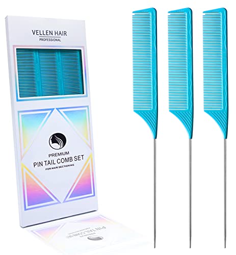 Vellen Hair Professional 9 Inch Tat Tail Combs за стилисти за коса, PEI материјал 430 ° F отпорен на топлина и антистатичка, чешел со опашка од игла со долг не'рѓосувачки челик за разделувањ?