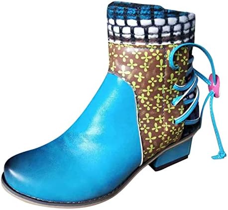 Чизми за глуждот за жени гроздобер етнички стил крпеница тркалезна пети букви потпетици борбени чизми со средно возење со снежни чевли