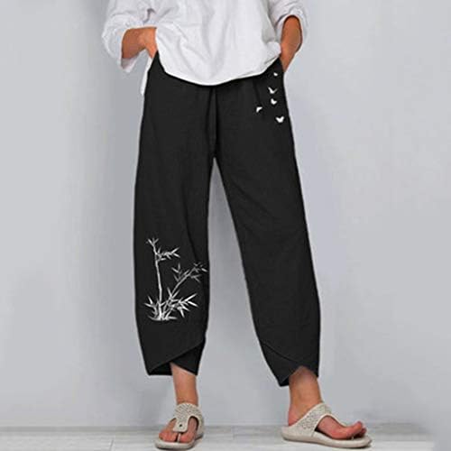 Употреба на жени постелнина еластична половината капри панталони летни лабави панталони удобни широки панталони за нозе со џебови со џебови