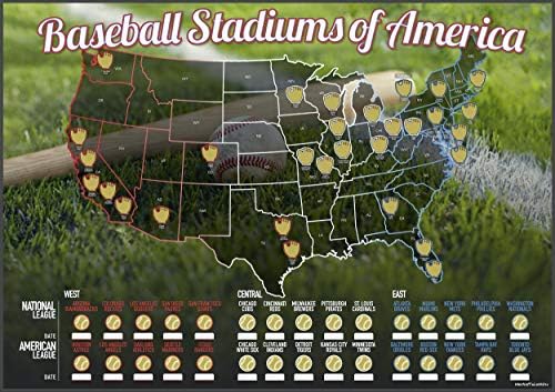 Бејзбол стадиони на Америка ја гребе мапата | Списоци на Национални и големи тимови во лигата | MLB Wallиден постер на MLB, список