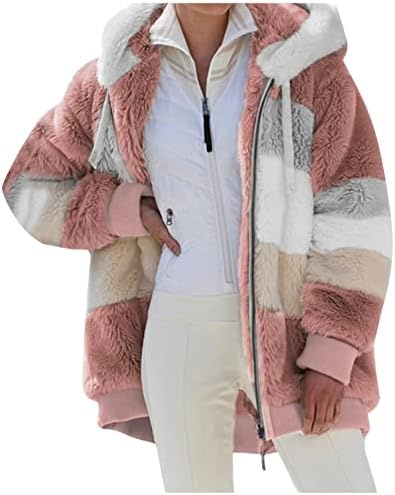 Женска боја блок за зашивање шерпа јакна зимско топло топло падиње на кадифен фланел палто од руно ќебе со аспиратор