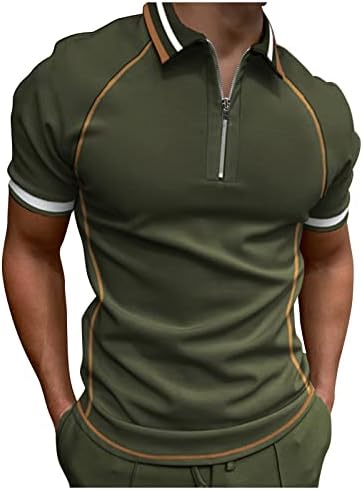 Xxbr Машки патент Поло кошули лето кратки ракави во боја блок лента за крпење кошула за голф 1/4 поштенски јака на вратот на вратот