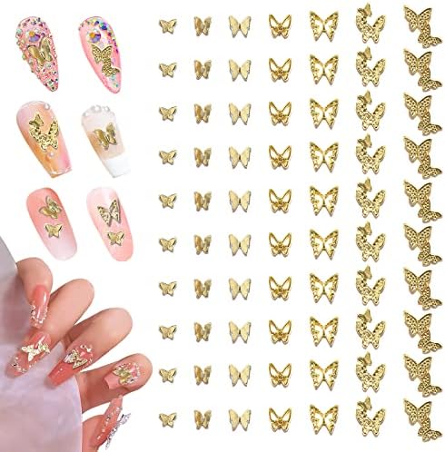 70 парчиња 3Д пеперутки за нокти, метални легури Пеперутка за ноктите за нокти, сјајни шарм за уметност, златни нокти накит за