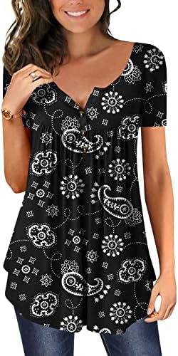 Qtthzzr шарени врвови за печатење за жени против копчиња за кратки ракави на вратот нагоре на Хенли кошули Туника врвови обични блузи маички