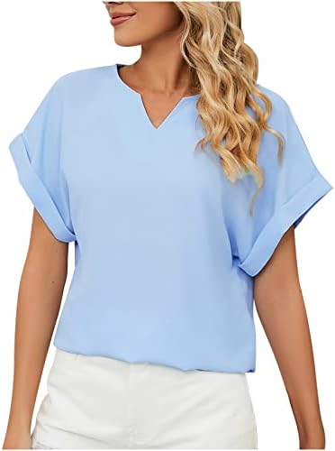Bluse v Neck Chiffon блузи преголеми лабави лабави маици со краток ракав со цврста боја канцеларија работа летни врвови пуловер