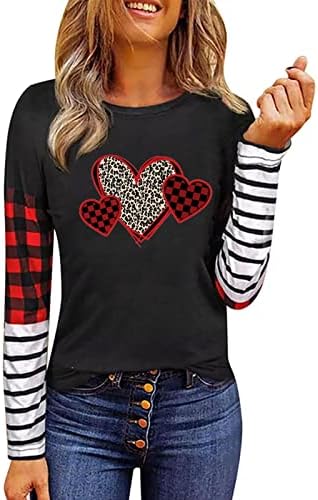 Денот на вineубените кошула за жени со долги ракави срца Гном графички маички обични ленти со карирани карани туники блузи