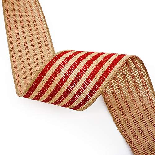 CT Craft LLC Burlap Stripe Wired Ribbon за домашен декор, завиткување на подароци, DIY занаети, 2,5 ”x 5 јарди x 1 ролни - природно со црвено