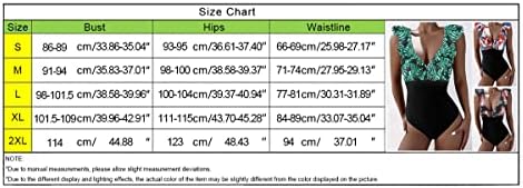 Nxxyeel жени едно парче костими за пливање во стомакот Контролен триаголник костум за капење цветна печатена руфла V вратот за капење