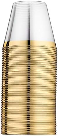 Мунфикс 100 Златни Пластични Чаши 9 Мл Проѕирни Пластични Чаши Старомодни Тамблери Чаши Со Златен Раб Фенси Чаши За Венчавки За Еднократна Употреба