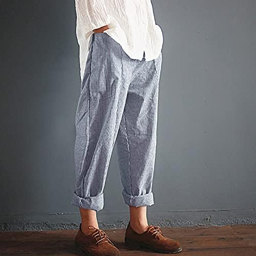 Ssdxy женски обични шарени панталони со високи половини со висока половината опуштено вклопување чино еластична половината ролна на ногата со џебови