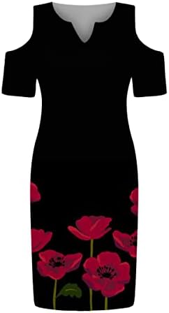 Nxxyeel Жените Надвор Рамо Фустан Со Краток Ракав Хенли V-Вратот Цветни Печатени Повик Тенок Опремени Коленото Должина Фустани