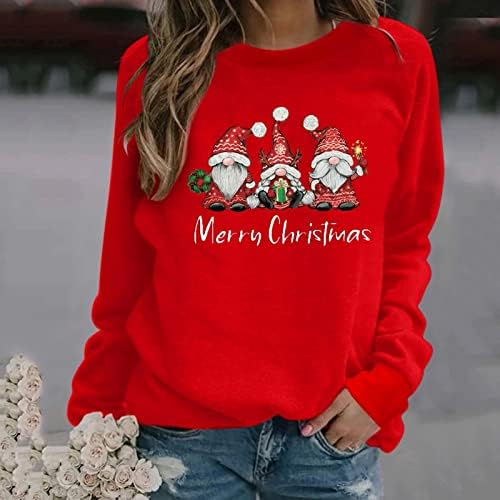 Грда Божиќна кошула женска о-врат Божиќна печати со долги ракави со џемпер со долги ракави, обичен блуза пулвер, врвови на Божиќни топови