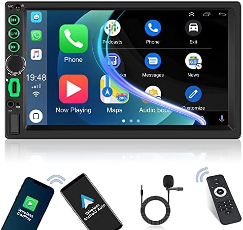 Roinvou двоен Din Car Stereo со безжичен CarPlay & безжичен Android Auto, 7 -инчен HD -екран на допир со Bluetooth Car радио со огледало, брзо полнење, далечински управувач, FM/USB/AUX/SWC