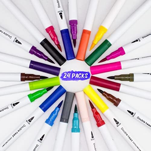 Teskyer Dual Brush Pens Markers, 24 бои четка и ликовни врски со уметност маркери за боење за деца, списание за книги за боење за