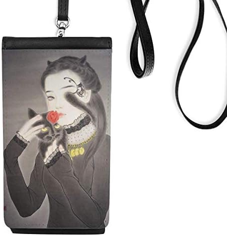 Убавина црна мачка кинески стил акварел телефонски паричник чанта што виси мобилна торбичка црн џеб