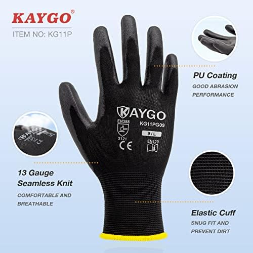 Кејго безбедносни работи нараквици ПУ обложени-12 парови, KG11p Беспрекорна плетена ракавица со полиуретан обложена мазна зафат на палма и прсти,