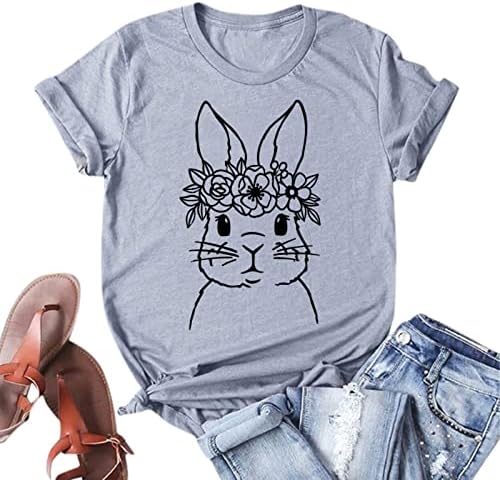 Велигденски кошули за зајаче за жени лабава вклопена o врат Краток ракав печатејќи симпатични обични маички врвови за џемпери