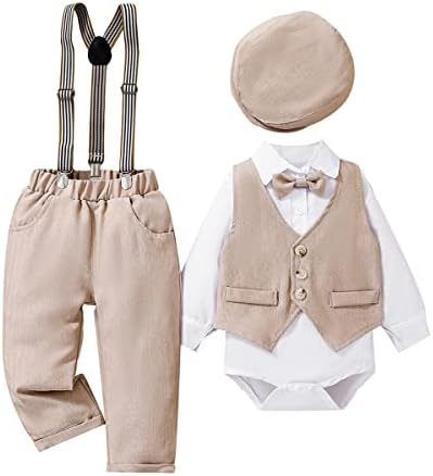 Xifamniy Baby Baby Gentleman Outfit 4pcs панталони и врвни комплети новородени долги ракави ромпер + капа + Vestcoat + лак вратоврска 3-24m