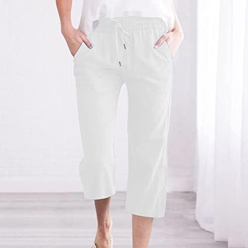 Панталони со високи половини Капри за жени обични лабави постелнина панталони за лепење на удобни дневнички тренинзи со џебови со џеб