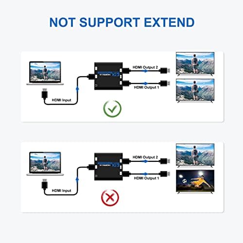4K@60Hz HDMI Splitter 1x2, HDMI Splitter 1 во 2 надвор за двоен монитор, поддржува автоматско скалирање, HDCP 2.2, HDMI 2.0B,