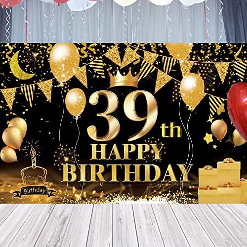 Среќен 39 -ти роденден Банер Црно злато 39 -ти Постер за знаци 39 Снабдување за роденден за годишнина Фото штанд Фотографија Позадина роденденска