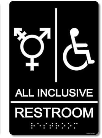 Направено во САД - „Цела инклузивна бања“ - Не -родова специфичен знак за тоалети - акрилик од 6 x 9 инчи - АДА во согласност со пиктограм, Текст и Одделение II Braille - Лент