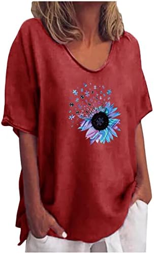 2023 летни женски памучни постелнини врвови модни цветни графички кратки ракави тунични маички лабави v врат -обична кошула блуза