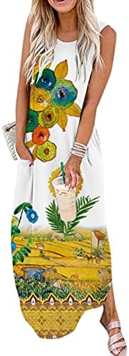 Ubst цветниот принт макси фустан за жени, без ракави долги бохо плажа фустани дами обични сундри со џеб лето