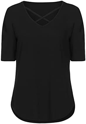 Девојки Топ 2023 Краток ракав Длабок V врат памук салон за завиткување од ширина на ногата обична подигање блуза маица за жени