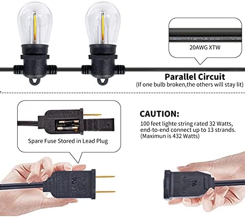 Niconik S14 LED светла на отворено, 39ft надворешни патио светла, 12 ShatterProof S14 светилки, надворешно IP65 водоотпорни надворешни светла за гроздобер светла во задниот двор