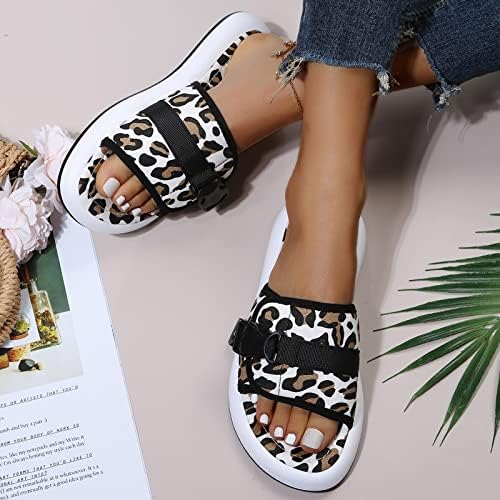 Женски летни дишени отворени чевли за печатење на плажа рамни влечки леопард лизгачки сандали меки удобни сандали со ширина ширина