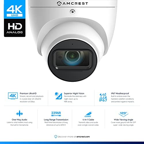 Amcrest Аналогни 4k Надворешна Безбедносна Камера, Бедем 8MP @20fps CCTV-Coax-BNC Камера, 98ft Ноќно Гледање, 125° Агол, Вграден Микрофон,