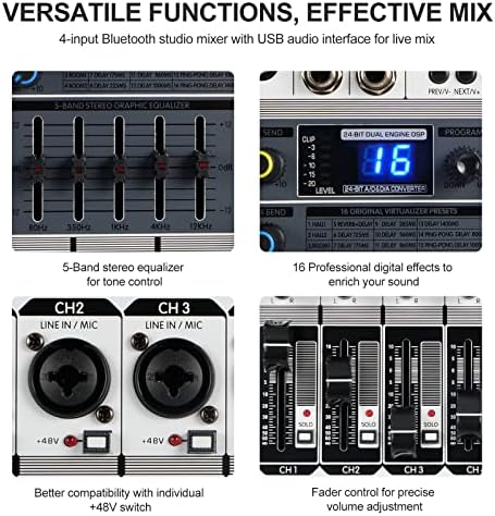 Професионален DJ миксер, Fenyx Pro Sound Mixer w/USB аудио интерфејс, 4-канална звучна табла за звук на звук w/стерео еквилајзер, 16 ефекти на DSP, идеални за сцена, живи свирки и кара