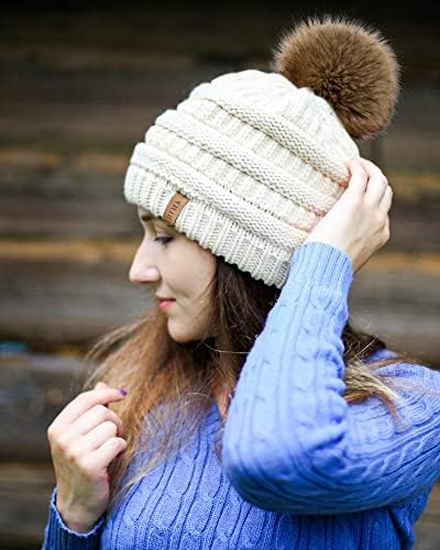 Furtalk omeенски зимски плетено плетенка -бени капа топла череп ски -капа, faux крзно пом пом капи за жени