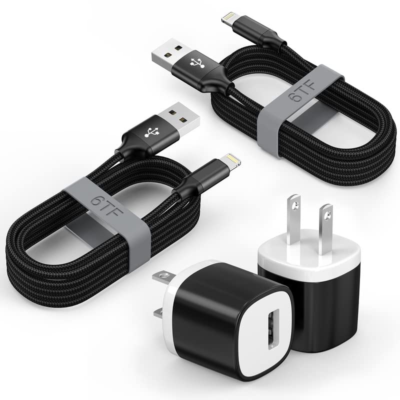 Полнач за iPhone, [Apple MFI сертифициран] 2Pack 6ft најлонски плетенка кабел за молња на молња со црна USB адаптер за блокирање на патни патувања за iPhone 14/pro/pro max/plus/13/11 11/xs/xr/x/ipad