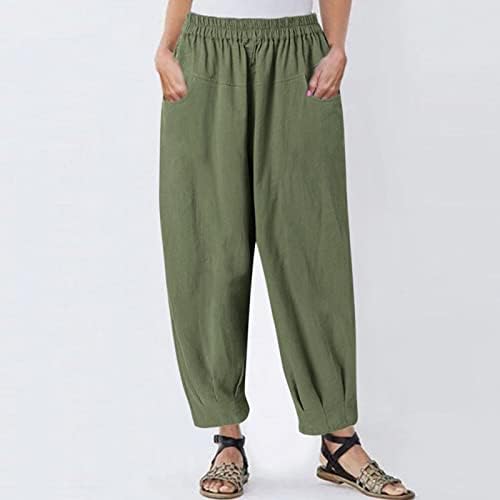 Лето жени памучни постелнини панталони, еластична половината широко нозе лабава вклопена харем јога каприс трендовски исечени панталони со џебови