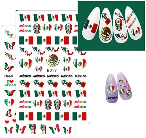 Ден на независност на налепници за уметност на нокти Мексиканско знаме за нокти Декларации 3Д само лепило срце череп, пеперутка налепници на налепници