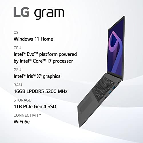 LG грам 16z90q Ултра Лесен Лаптоп, 16 IPS Дисплеј, Intel evo 12th Gen i7 1260p Процесор, 16gb LPDDR5, 1TB NVMe SSD, FHD Webcam, WiFi