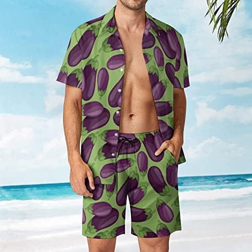 Свежи зрели модри патлиџани Машки 2 парчиња облека на плажа на Хавајски копче надолу со кошула со краток ракав и шорцеви костуми