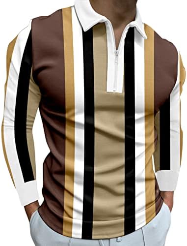 Zddo Mens Zipper Polo кошули, падот на долги ракави Спортски спортови карирани шарени ленти со редовно вртење на јака тениска маичка