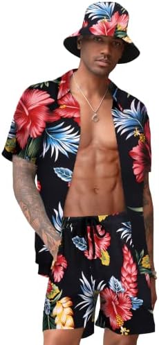 Коофанди машка хавајска кошула и краток сет цвет 2 парчиња облека на плажа со капи со корпи