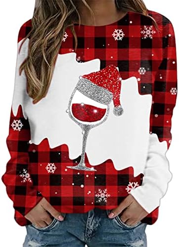 Кошули со долги ракави за жени за жени графички екипи карирани џемпери елегантни туники врвови Божиќ печатено пуловер