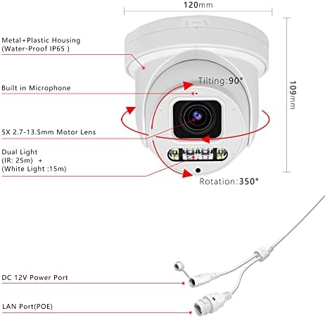 Vonihome 4K POE PTZ IP DOME камера на отворено 8MP мрежни фотоапарати, 2,7 ~ 13,5 mm 5x, 350 ° PAN & 90 ° TILT, двонасочен аудио, слот за SD картички, 100FT IR Night Vision, Human & Decrection за откривање на возила