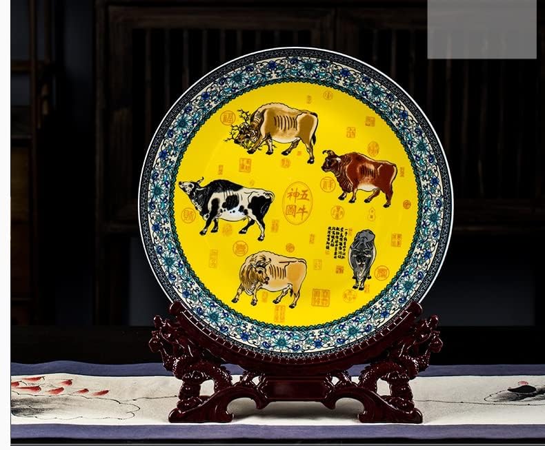 Керамика TJLSS Керамика Плоча за декорација на кинески стил 35 см висина плоча занаети за плоча од пет говеда