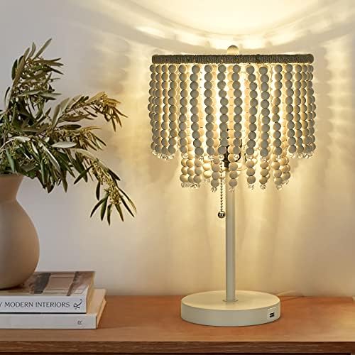 Елиона Бохо ламба со маса со USB порта за полнење, ламба со брада од дрво од дрво, ламба за маса во кревет, куќичка, приклучок во ноќна светлина