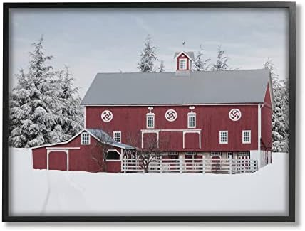 Студената индустрија Црвена штала Зимски пејзаж Снежен фарма Борн дрвја црна врамена wallидна уметност, 14 x 11